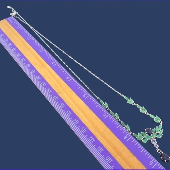 925 Sterling Silver Necklace 18" with Natural Sapphire, Emerald & Tanzanite Gems - Picture 3 of 9